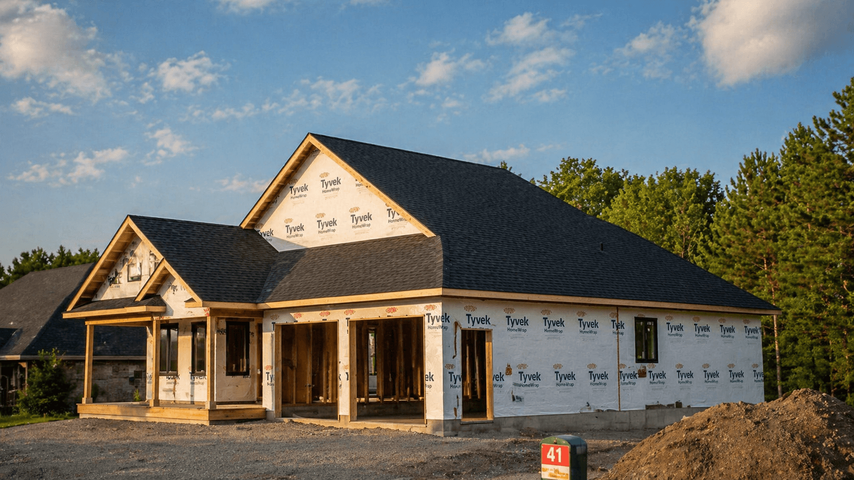 Custom-built StormProof home at golden hour, finished black roof and Tyvek-wrapped walls glowing in late-day sun